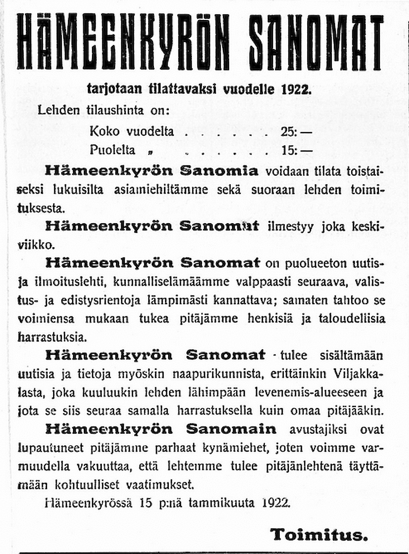 Hämeenkyrön Sanomien esittely lehden ensimmäisessä numerossa tammikuussa 1922.