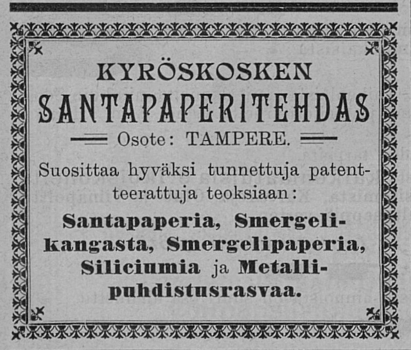 Ilmoitus Suomen Teollisuuslehdessä 1895.